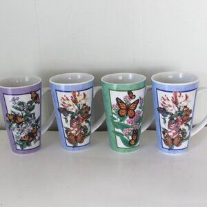 Tall Butterfly Pattern with and Flowers Latte Mug Set  of Four